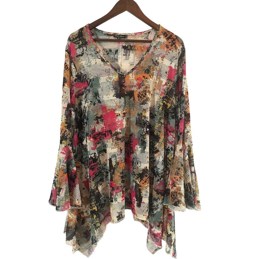 Dor Dor Couture Floral Multicolor Mesh Bell Sleeve Tunic Size 3X